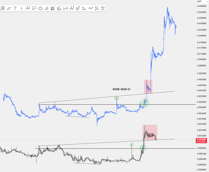 A cryptocurrency price chart for "DOGE 2020-21" displays a sharp upward price movement in the upper panel and rising volume bars in the lower panel, marked with green circles and pink highlight boxes.