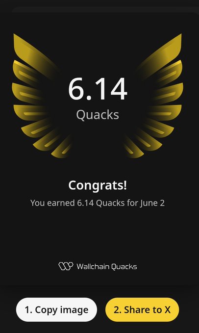 The image shows an app screen with a gold bird logo, displaying the number "6.14 Quacks" at the top. Below this, there are two buttons labeled "Copy Image" and "2 Share to X". The text on the screen reads "Good Morning CT @NomismaNetwork •• @TheARCTERMINAL •• @wallchain Starting the day by checking in on a few ecosystems that continue to build through every market condition. @NomismaNetwork is exploring the future of AI-powered DeFi."