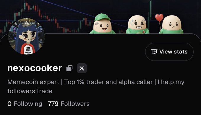 Screenshot of the X profile for “nexocooker,” a memecoin expert and top 1% trader/alpha caller, with 779 followers and 0 following. The post promotes a giveaway of “$100 to 5 people,” asking users to comment their Solana wallet, follow him on the Pump.fun app, and visit pump.fun/u/nexocooker.