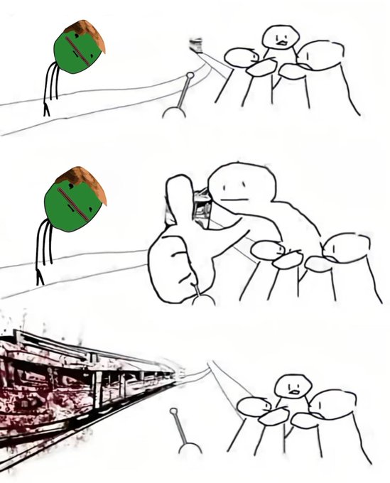 A crudely drawn three-panel meme shows a stick-figure crowd facing a green circle-headed figure holding a microphone, with one figure giving a thumbs-up before the scene shifts to reveal a crashing train barreling toward the unaware crowd. The "not frok" caption plays on the phrase "not frog," suggesting the person giving the thumbs-up misread the situation, giving approval to something obviously disastrous (the incoming train) — a joke about oblivious endorsement.