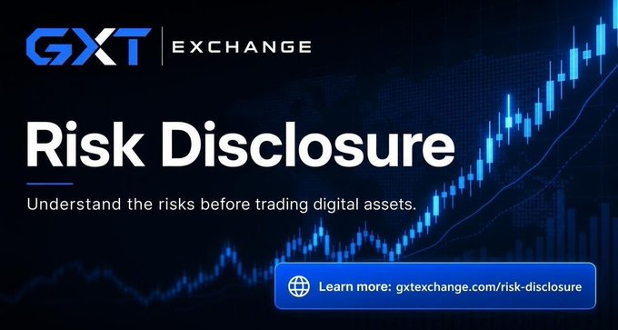 A GXT Exchange promotional graphic features "Risk Disclosure" with the tagline "Understand the risks before trading digital assets," alongside a rising blue candlestick chart and a link to gxtexchange.com/risk-disclosure, directly matching the post's call to action to review the full risk disclosure before trading.