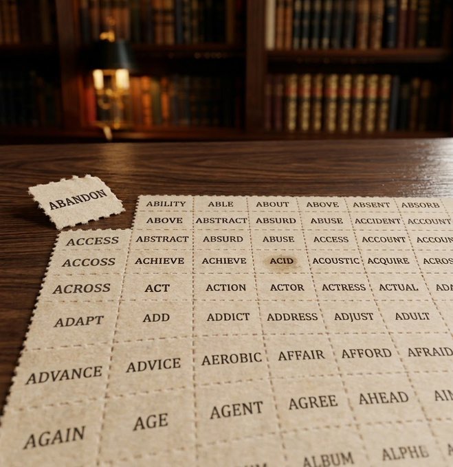 A crossword puzzle on a wooden desk with the word 'ABANDON' pulled out from the grid, with a blurred library bookshelf and lamp in the background.
