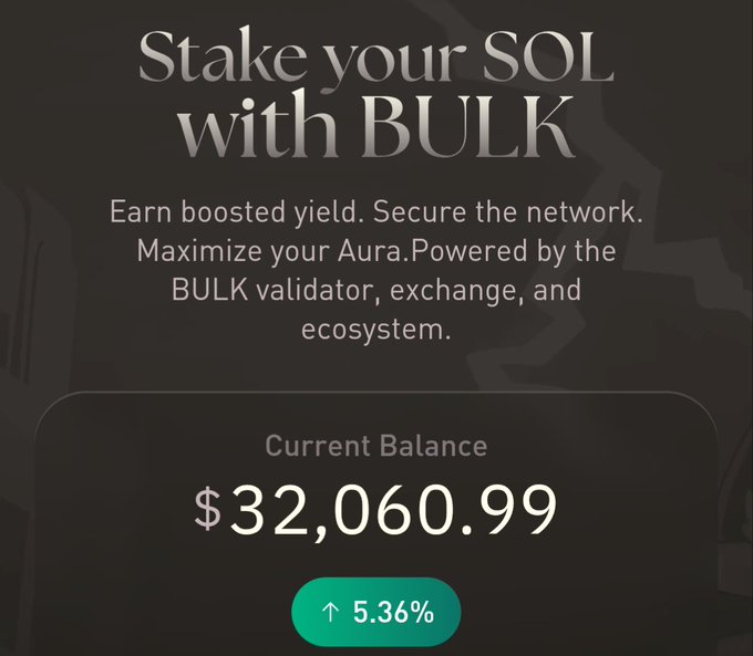 The image shows a current balance of $32,060.99 with a 5.36% increase, promoting staking SOL with BULK for boosted yield and Aura farming. This aligns with the post's discussion of depositing USDC or staking SOL to get $AURA.