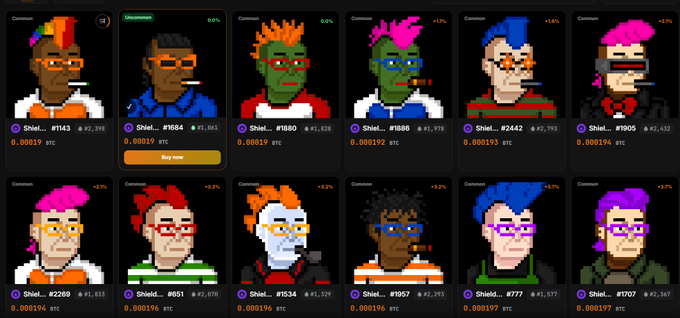 A grid of pixel art avatars appears to be a cryptocurrency NFT marketplace, showing characters with varying skin tones, hair colors (including green and pink), and accessories like sunglasses, each listed with BTC prices.