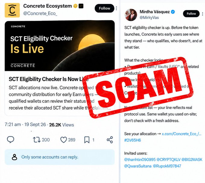 Two tweets marked with a large red SCAM stamp; the left is from @Concrete_Eco announcing an SCT Eligibility Checker Is Live, and the right is from @MirrkyVas with further details.