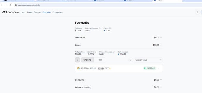 The image shows a screenshot of an online dashboard for a Looping account with various information displayed such as the portfolio balance and the amount that has been invested in it. The post that this dashboard belongs to states, "Gm Legends A few days ago I decided to put a small $100 into onrefinance - $ONyc just to test things myself. I minted on their app, kept most in my wallet and looped $30 at 2x on Loopscale". There are also some numbers visible on the screen of the dashboard that provide more specific details about the account balance.