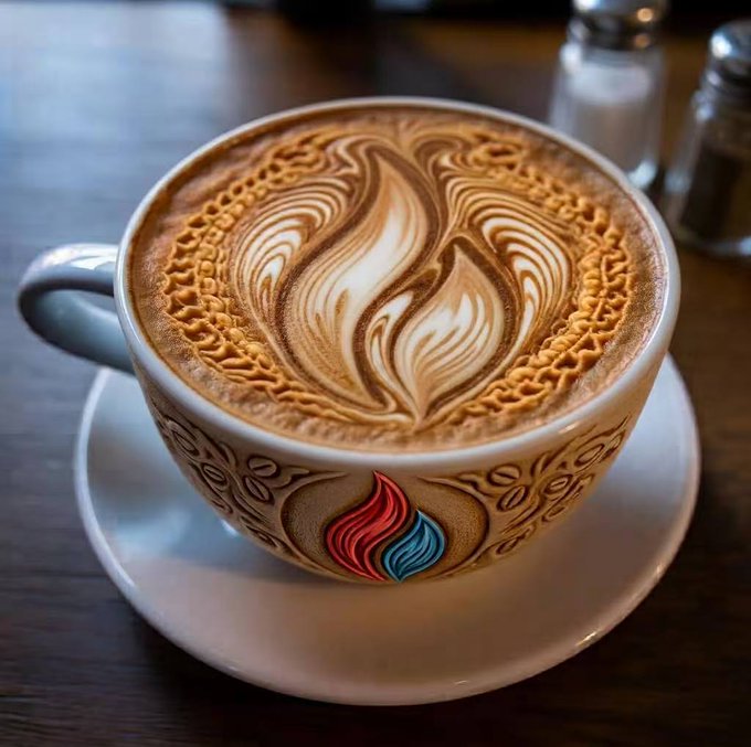 A latte with elaborate heart-shaped foam art served in a white ceramic cup with decorative swirl patterns and a red/blue flame logo on a saucer.