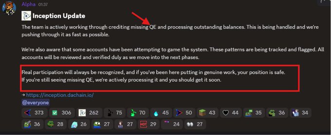 Discord announcement from Alpha at 01:37 in the #inception-update channel confirming the team is crediting missing QE balances, processing outstanding payouts, and tracking flagged accounts, with a highlighted message reassuring users that "Real participation will always be recognized" and they should still receive their QE soon.