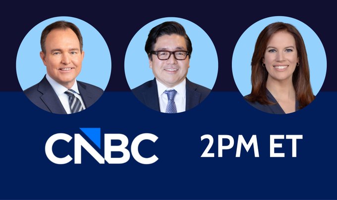 A CNBC promotional graphic featuring headshots of three anchors above the CNBC logo and "2PM ET" text, advertising a finance-focused show airing at 2PM Eastern that covers macro markets and topics including $BMNR and $BMNP, with Fundstrat contributors.