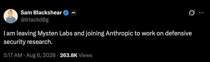 A tweet from Sam Blackshear (@blackd0g) reading: 'I am leaving Mysten Labs and joining Anthropic to work on defensive security research.'