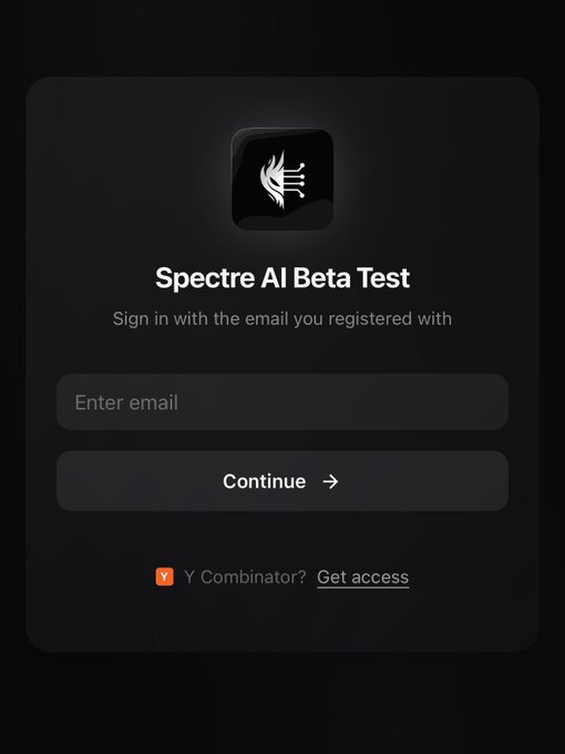 The image shows a screenshot of an app called Spectre AI beta, which appears to be a testing platform for artificial intelligence applications. The app has a black background with white text, indicating its purpose as a beta version. The main focus of the image is on the "Sign in" button located at the top left corner and below it, suggesting that users can sign up for the beta version by entering their email address.