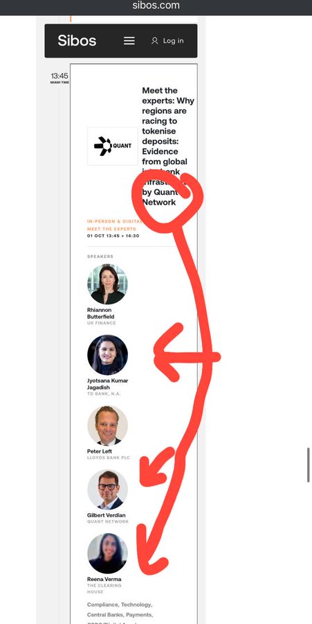A mobile screenshot of a Sibos.com event page for "Meet the experts: Why regions are racing to tokenise deposits" hosted by Quant Network, featuring speakers Rhiannon Butterfield (UK Finance), Jyotsana Kumar Jagadish (TD Bank N.A.), Peter Left (Lloyds Bank Plc), Gilbert Verdian (Quant Network), and Reena Verma (The Clearing House), with red arrows drawn over the image pointing to Gilbert Verdian and Reena Verma—visually highlighting the Quant CEO alongside a representative from The Clearing House, the entity behind the US tokenized deposit initiative.