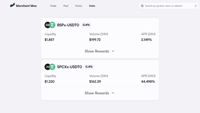 A screenshot of the Merchant Moe platform showing the Stake tab with liquidity pools for BSPx-USDT0 (0.4% fee, 2.149% APR) and SPCXx-USDT0 (0.4% fee, 44.498% APR).