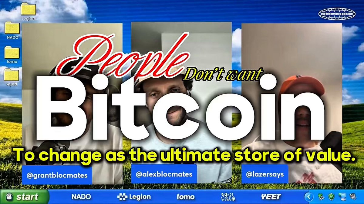 The image shows a computer screen with three different photos of people, one of which has a red hat on their head. The text "People don't want Bitcoin to change as an ultimate stores of value." is displayed above the photo of the person wearing a red hat. This message suggests that the person in the photo might be trying to convey a sentiment about Bitcoin or cryptocurrency, possibly expressing concerns about its stability and long-term value.