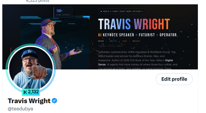 A screenshot of Travis Wright’s verified X profile, showing 2,132 followers and 4,325 posts beneath a banner reading “Travis Wright — AI Keynote Speaker · Futurist · Operator.” The image reflects the post’s focus on KaitoAI Pulse, which assigns each follower a count of influential or “smart” followers in crypto.