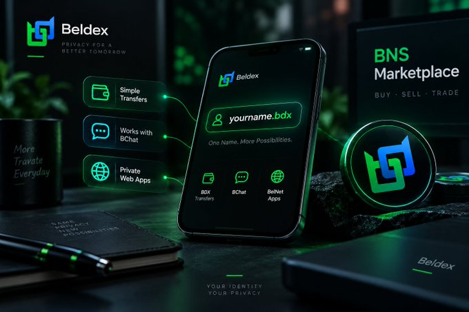 A promotional graphic for the 'Beldex' cryptocurrency platform, showing a smartphone displaying 'yourname.bdx', 'BNS Marketplace', and features like 'Simple Transfers' and 'Private Web Apps', alongside a black mug reading 'More Travate Everyday'.