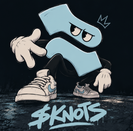 A graffiti-style cartoon character shaped like a light blue 'X' or 'S' symbol wears white sneakers, with the text 'SKNOTS' written below in stylized lettering.