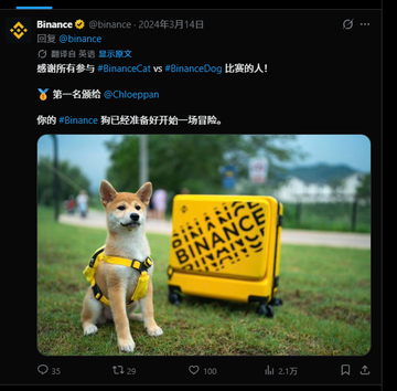 Screenshot of a Binance tweet dated 2024年3月14日 featuring a Shiba Inu dog wearing a yellow vest next to a yellow suitcase with 'BINANCE BINANCE BINANCE' written on it.