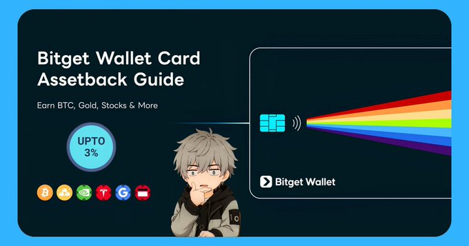 Bitget Wallet Card Assetback Guide promotional graphic featuring an anime character, advertising up to 3% cashback on BTC, Gold, Stocks and more with various cryptocurrency icons.