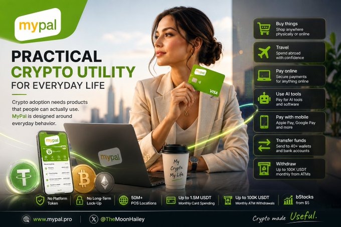 Advertisement for mypal, a practical crypto utility platform, highlighting features like shopping, travel, online payments, AI tools, mobile payments, fund transfers, and ATM withdrawals, with 'Crypto made Useful' as the tagline and handle @TheMoonHailey.