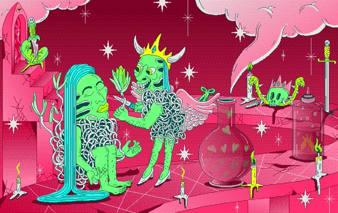 A whimsical, surreal illustration depicts a green-skinned, horned figure with a crown and wings giving a haircut to a long-haired green character in a pink, star-filled setting surrounded by candles, potions, and a skull, visually echoing the post's theme of giving leading to despair, paired with the caption "The Cost of Giving" and text referencing "33 eds at 5.55 xtz."