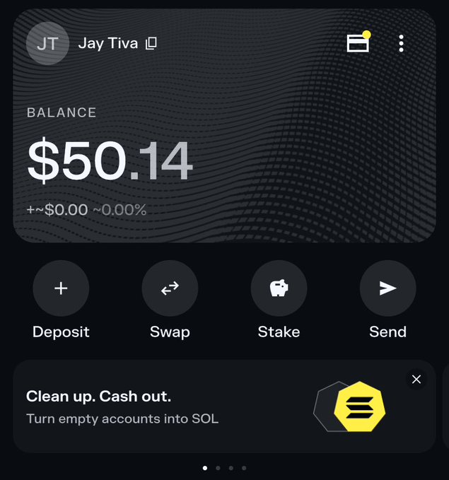 A crypto wallet app screenshot showing 'Jay Tiva' with a $50.14 balance and options for Deposit, Swap, Stake, and Send, along with a 'Clean up. Cash out' promo banner.