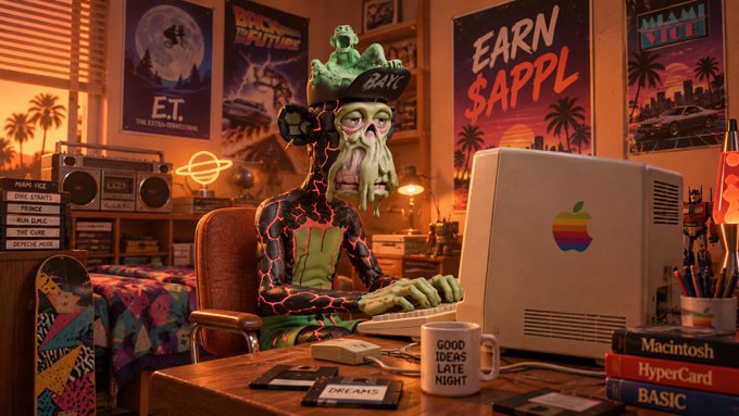 A retro 80s/90s-style illustration of a green zombie-like creature with glowing red eyes typing on a vintage Macintosh computer in a room decorated with movie posters including E.T., Back to the Future, and Miami Vice, along with Mac programming books like "HyperCard" and "BASIC".