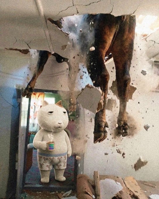 A white cat figurine in underwear holding a rainbow drink stands in a doorway as a large brown horse appears to burst through the crumbling wall above it, surrounded by debris and dust.