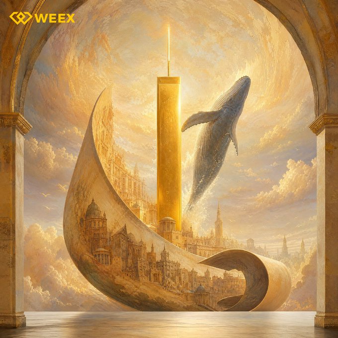 A surreal golden artwork framed by classical arches features a crescent-shaped cityscape with a leaping whale, clouds, and a glowing skyscraper rising into a sunburst sky, with the "WEEX" logo visible in the top-left corner—evoking the aspirational "WAGMI" (We're All Gonna Make It) sentiment through its imagery of grand achievement and rising prosperity.
