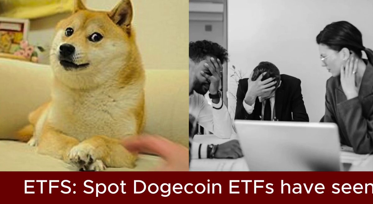 The image shows a collage of two photos featuring a dog, with one photo being a black and white picture of a man sitting at a desk while another photo has a person wearing glasses looking at a laptop computer. The collage also includes text that reads "EFTs: Spot Dogcoin ETFs have come to a sudden halt... Until May 15, it looked like spot @Dogecoin ETFs were finally seeing momentum, clocking net inflows on 5 out of the 10 trading days between May 15 and May 18".