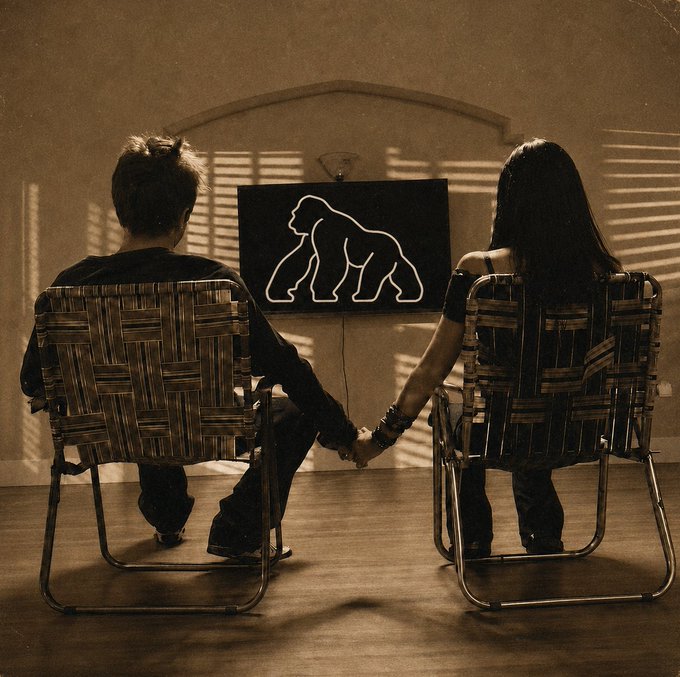 A couple sits in wicker chairs holding hands while watching a neon gorilla silhouette glow on a screen, visually embodying the "Apes together strong" sentiment behind the $APE ticker.