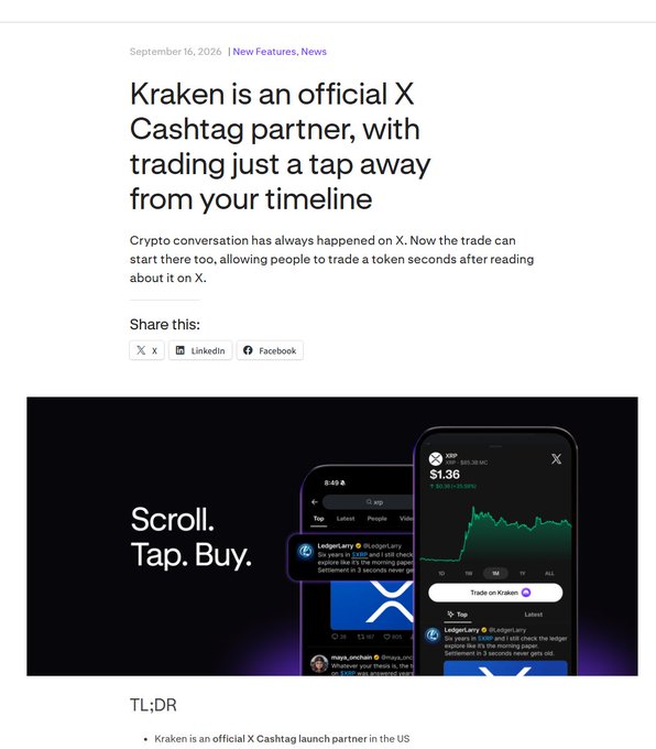 An article titled 'Kraken is an official X Cashtag partner, with trading just a tap away from your timeline' dated September 16, 2026, promoting X's crypto trading feature.