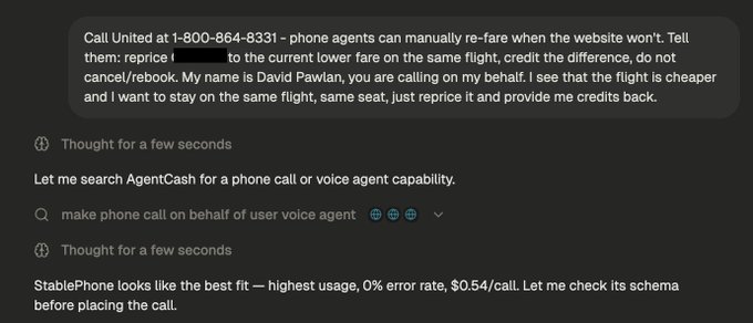 A screenshot of an AI assistant chat interface where a user named David Pawlan requests a phone call to United at 1-800-864-8331 to re-price a flight for a fare difference credit. The assistant searches for a phone call capability via AgentCash and selects "StablePhone" as the best option at $0.54/call with 0% error rate, demonstrating how the assistant can leverage third-party wallet MCPs to enable outbound calling through stablecoin micropayments as described in the post.