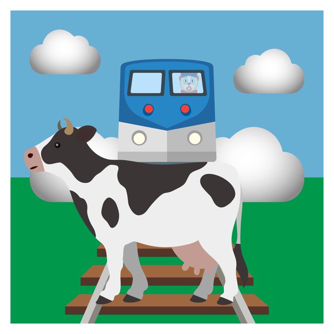 A cartoon illustration of a black and white cow standing on a wooden railroad crossing while a blue passenger train with a driver passes through clouds in the background.