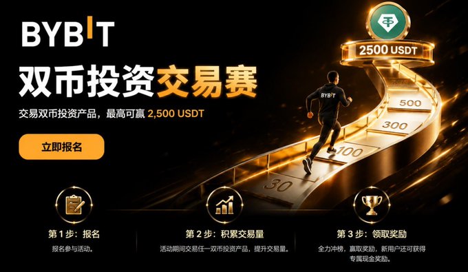A promotional banner for Bybit's Dual Asset Investment Trading Competition, offering up to 2,500 USDT in prizes, featuring a runner ascending a staircase marked with reward tiers (30, 100, 300, 500, 2500 USDT) and outlining three steps: register, accumulate trading volume, and claim rewards. The ad visually reinforces the post's description of Bybit's Season 4 Dual Asset product as a practical, strategy-driven trading opportunity for assets like BTC, ETH, and MNT.
