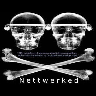 A black and white x-ray style image of two skulls with crossed bones, featuring the text 'Nettwerked' and a quote about 'Offering unfettered, uncompromised telecommunications and wireless information on the digital medium since 1999.'