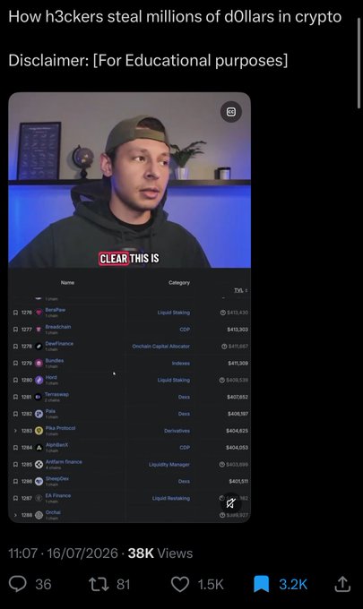 A screenshot of a video titled 'How h3ckers steal millions of dollars in crypto' showing a person and a list of cryptocurrency projects with TVL values, posted with 38K views.