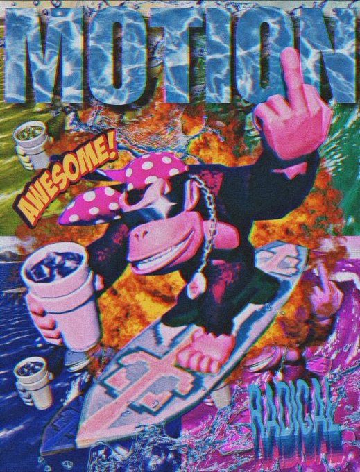 A retro/vaporwave-style illustration with the word 'MOTION' at the top, featuring a cartoon monkey surfing on a 'GIGA' board while holding a drink and flipping the bird, with 'AWESOME!' text.