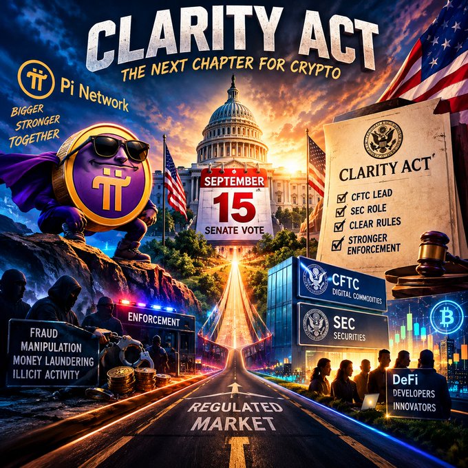 A promotional poster for the 'CLARITY ACT' featuring Pi Network branding, announcing 'THE NEXT CHAPTER FOR CRYPTO' with a September 15 Senate vote, highlighting CFTC lead role, SEC role, clear rules, and stronger enforcement alongside imagery of the U.S. Capitol and regulatory bodies.