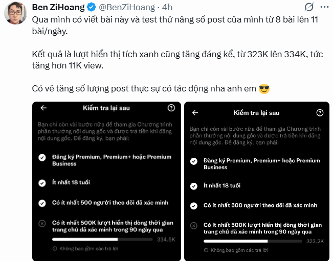 A screenshot of a tweet by Ben ZiHoang (@BenZiHoang) showing two side-by-side Twitter analytics screenshots ("Kiểm tra lại sau") comparing engagement metrics, with views increasing from 323K to 334.5K after increasing daily posts from 8 to 11, matching his caption about gaining over 11K views by posting more frequently.