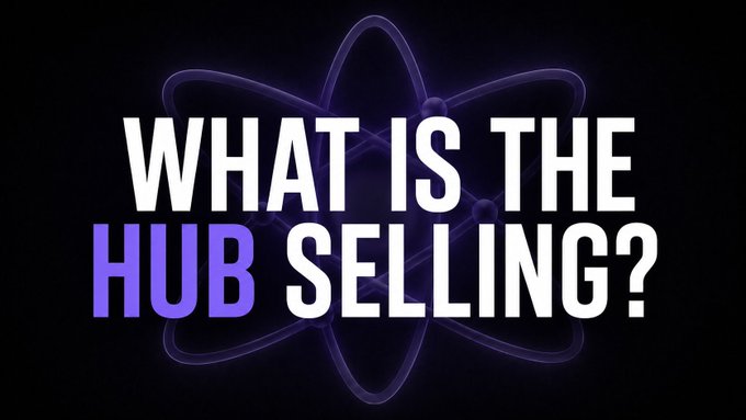 Bold white and purple text on a black background with a faint atom graphic reads "WHAT IS THE HUB SELLING?", highlighting the post's central question about the actual value proposition the Cosmos Hub offers versus simply using the SDK or IBC to connect to other chains.