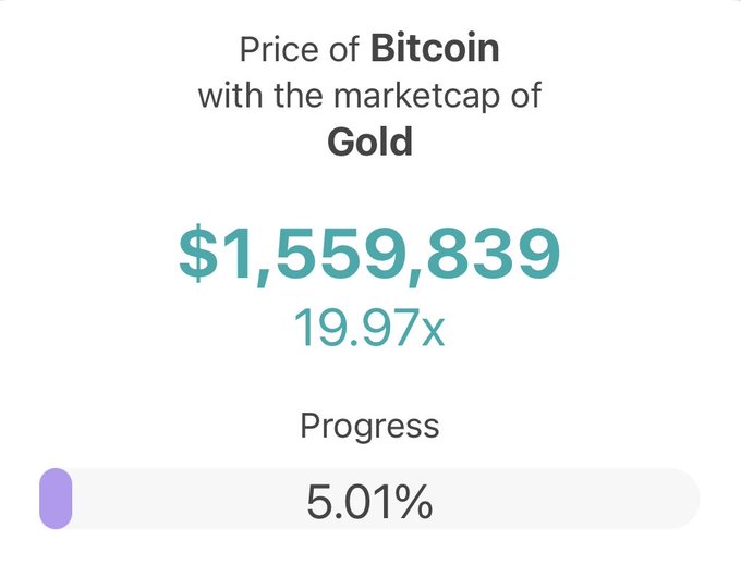 An infographic titled 'Price of Bitcoin with the marketcap of Gold' showing a price of $1,559,839, which is 19.97x the current price, with a progress bar at 5.01%.