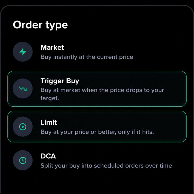 The image displays an "Order type" menu with four options: Market (Buy instantly at the current price), Trigger Buy (Buy at market when the price drops to your target), Limit (Buy at your price or better, only if it hits), and DCA (Split your buy into scheduled orders over time), with Trigger Buy and Limit highlighted. The menu directly supports the post's message by visually showcasing the two highlighted options—Limit and Trigger Buy—as the recommended tools for buying the dip on Moby.