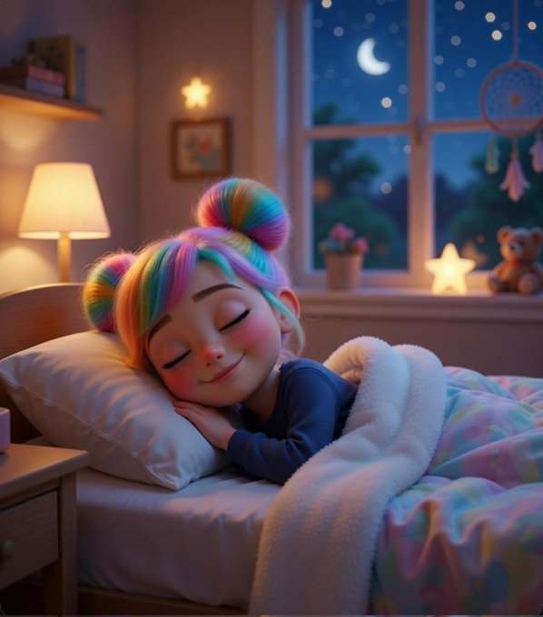 A 3D-rendered illustration of a child with rainbow-colored hair sleeping peacefully in bed, with a cozy bedroom featuring a lamp, star decorations, a teddy bear, and a window showing a crescent moon and starlit night sky.