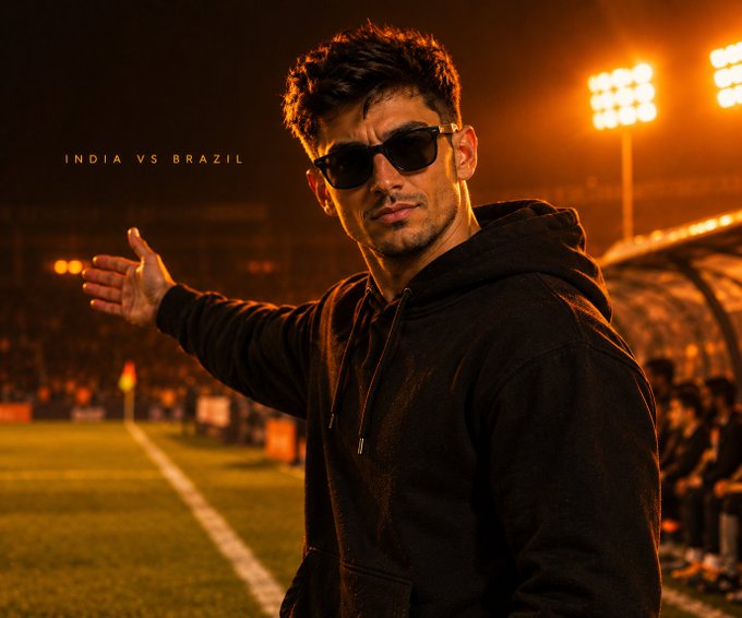 A man in a black hoodie and sunglasses gestures with an outstretched arm in a stylized soccer stadium with orange lighting, with text 'INDIA VS BRAZIL' displayed on the left.