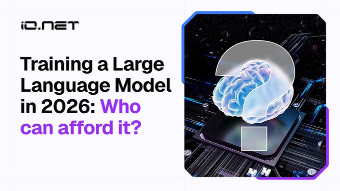 The image is a blog header featuring the io.net logo and headline text "Training a Large Language Model in 2026: Who can afford it?" alongside a futuristic graphic of a glowing blue brain wearing a VR headset, sitting atop a microchip. The visual supports the post's theme of highlighting the dramatic cost disparity in AI compute, where io.net offers the same GPU hours for training a 7B model at a fraction of AWS's $3.4M price tag—roughly $447K.