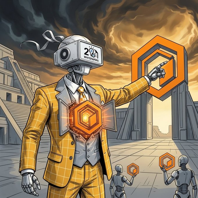 The image features a man dressed in a suit standing in front of a large hexagon-shaped structure, which appears to be a building with an orange roof. The man has a robot head attached to his suit, giving him a futuristic appearance. There are other people and robots visible in the background as well.