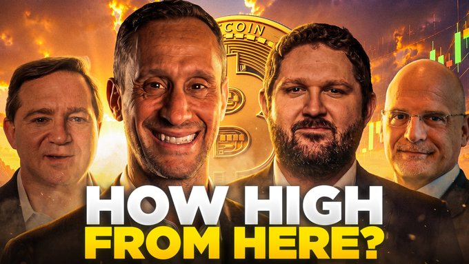 A thumbnail image featuring four men (likely Bitcoin/crypto podcast hosts) with a large Bitcoin coin in the center, overlaid with the bold text "HOW HIGH FROM HERE?" against a fiery background with a green candlestick chart, promoting a live discussion about Bitcoin's recent 24% surge and $2.6 billion inflow back into crypto markets.