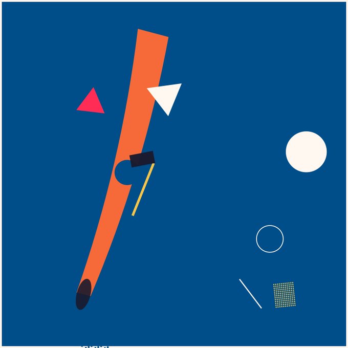 An abstract geometric composition on a blue background features a large orange diagonal shape, a red triangle, a white triangle, a white circle, a black rectangle, and a green grid square.
