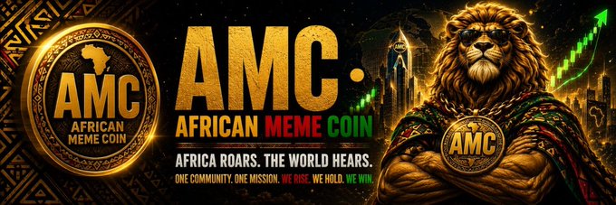 The image features an advertisement with a lion standing next to a city skyline, which appears to be part of a larger design or pattern. The lion's mane is gold, and there are two arrows pointing towards the lion, one on top of the other. Below this scene, there is text that reads "AMC African Meme Coin". This suggests that the image might be related to an advertisement for an AMC coin featuring a lion as its mascot or symbol. The presence of the lion in the image and the text "AMC African Meme Coin" indicate that the image could be part of a larger marketing campaign, possibly promoting an AMC product or service.